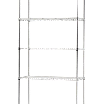 An empty five-shelf chrome wire rack is shown from a front-facing perspective against a white background. Each shelf is adjustable along the four vertical posts, which are finished with small black leveling feet at the base.