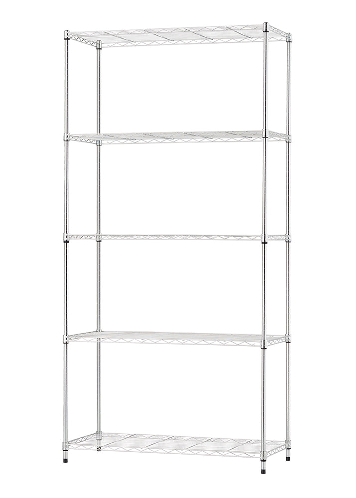 An empty five-shelf chrome wire rack is shown from a front-facing perspective against a white background. Each shelf is adjustable along the four vertical posts, which are finished with small black leveling feet at the base.