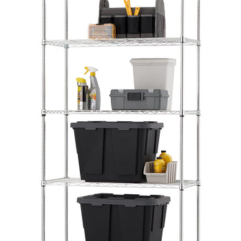 A five-shelf chrome wire rack is efficiently organized with various storage solutions, including a tool tote, cleaning supplies, and multiple grey lidded bins. The bottom two shelves hold large black industrial storage totes, while the entire unit is shown against a stark white background.