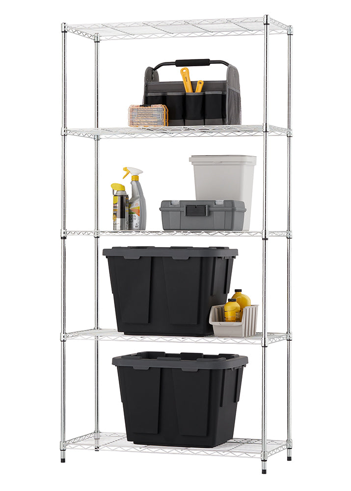 A five-shelf chrome wire rack is efficiently organized with various storage solutions, including a tool tote, cleaning supplies, and multiple grey lidded bins. The bottom two shelves hold large black industrial storage totes, while the entire unit is shown against a stark white background.