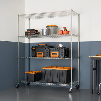 A 4-tier wire shelving unit with wheels is shown against a two-tone wall, holding various storage containers and tools. The shelving unit is made of silver metal and the background wall is half white and half dark blue.