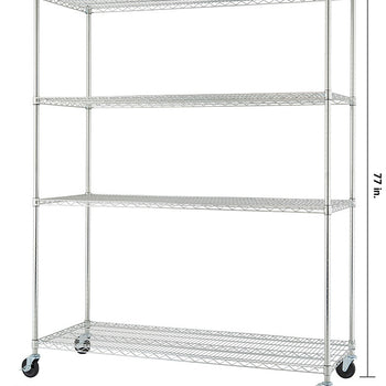 A product image shows a four-tier wire shelving unit on wheels, with dimensions labeled: 24 inches deep, 60 inches wide, and 77 inches tall. The shelves are made of a grid pattern of thin metal wires, and the unit has four casters for mobility. wheels