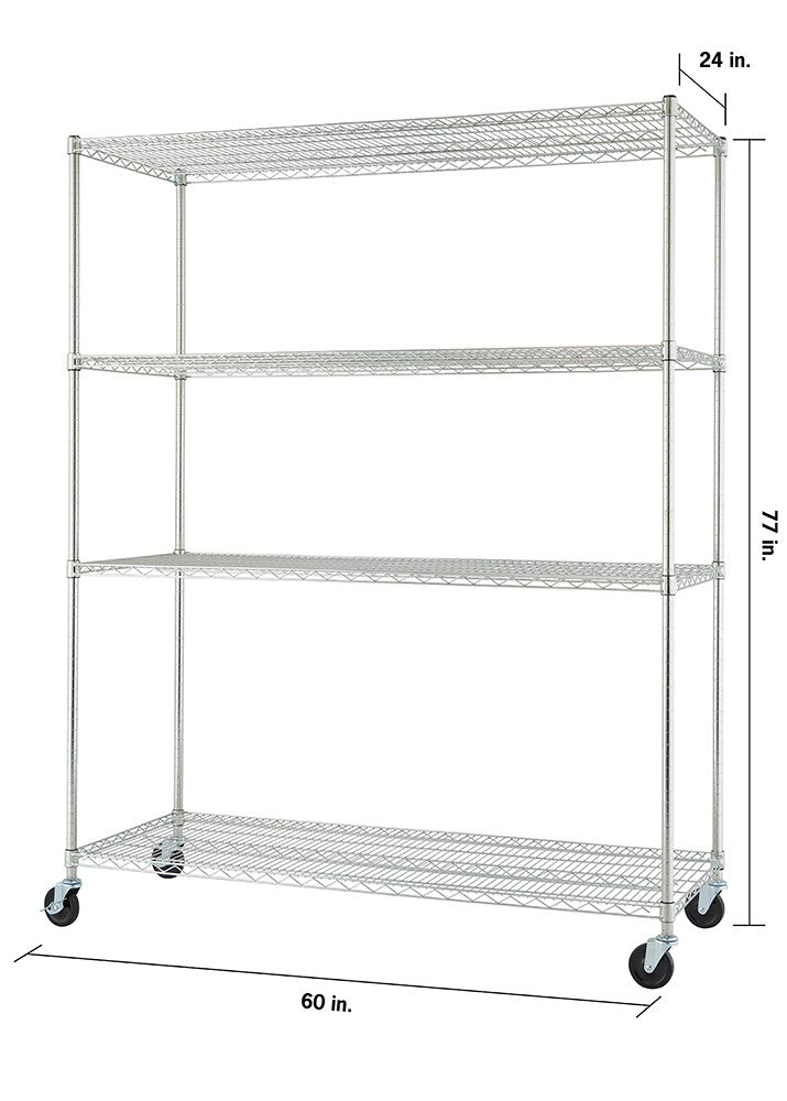 A product image shows a four-tier wire shelving unit on wheels, with dimensions labeled: 24 inches deep, 60 inches wide, and 77 inches tall. The shelves are made of a grid pattern of thin metal wires, and the unit has four casters for mobility. wheels