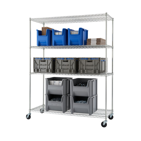 A 3D rendering of a four-tier wire shelving unit on wheels, filled with blue and gray plastic storage bins against a white background. The shelving unit is made of thin, silver metal wires and has four black caster wheels.