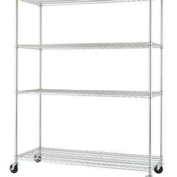 A four-tier wire shelving unit on wheels. The shelves are made of a chrome-plated wire grid, and the unit is supported by four vertical posts that extend to the floor and are fitted with black caster wheels.