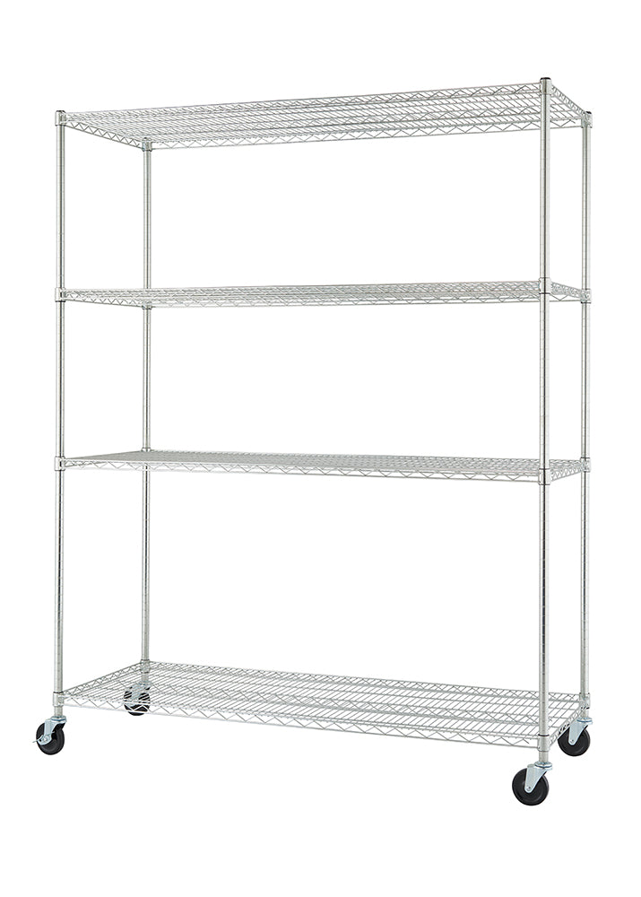 A four-tier wire shelving unit on wheels. The shelves are made of a chrome-plated wire grid, and the unit is supported by four vertical posts that extend to the floor and are fitted with black caster wheels.