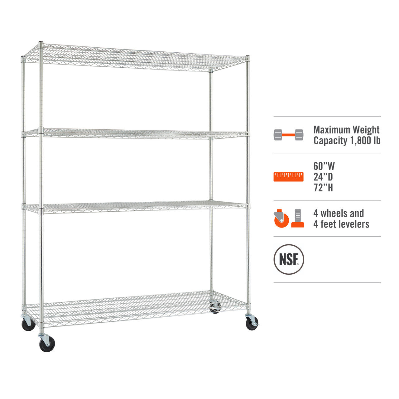 A four-tier wire shelving unit on wheels, shown against a white background.  The image includes icons and text highlighting the unit's dimensions, weight capacity, and NSF certification.