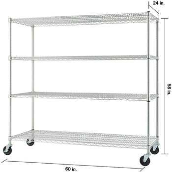 A 4-tier wire shelving unit with wheels is shown against a white background. The dimensions of the unit are indicated with arrows: 60 inches wide, 24 inches deep, and 58 inches tall.
