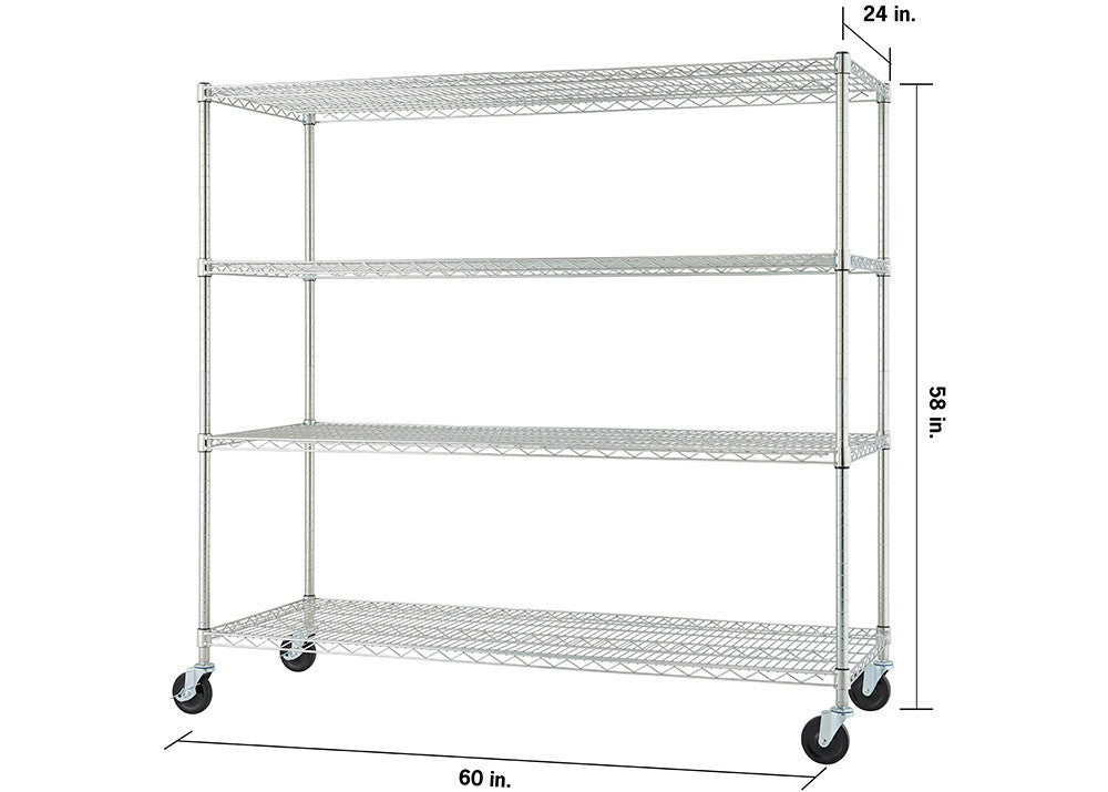 A 4-tier wire shelving unit with wheels is shown against a white background. The dimensions of the unit are indicated with arrows: 60 inches wide, 24 inches deep, and 58 inches tall.