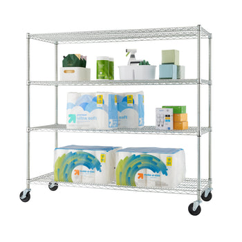 A silver, four-tiered wire shelving unit on wheels is shown against a white background. The shelves are filled with various household items, including toilet paper, cleaning supplies, and boxes.