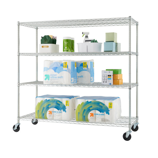 A silver, four-tiered wire shelving unit on wheels is shown against a white background. The shelves are filled with various household items, including toilet paper, cleaning supplies, and boxes.
