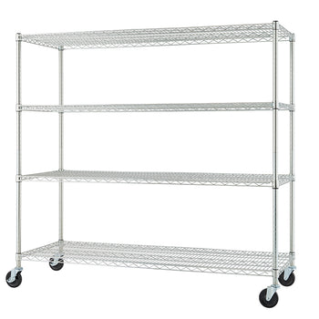 A chrome, four-tier wire shelving unit on wheels. The shelves are made of a metal grid, and the entire unit has a shiny, chrome-like finish.