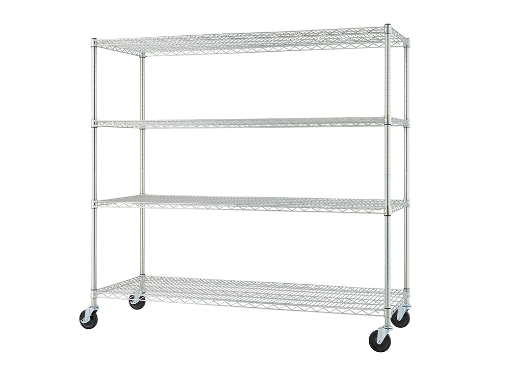 A chrome, four-tier wire shelving unit on wheels. The shelves are made of a metal grid, and the entire unit has a shiny, chrome-like finish.