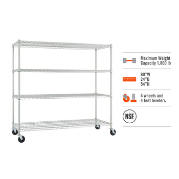A 4-tier wire shelving rack with wheels is shown on a white background, accompanied by icons and text highlighting its features: 1,800 lb weight capacity, dimensions of 60