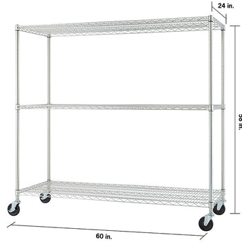 A product image shows a three-tier wire shelving unit with wheels, featuring adjustable shelves and labeled dimensions. The unit is silver and appears to be made of metal, with a simple and functional design.