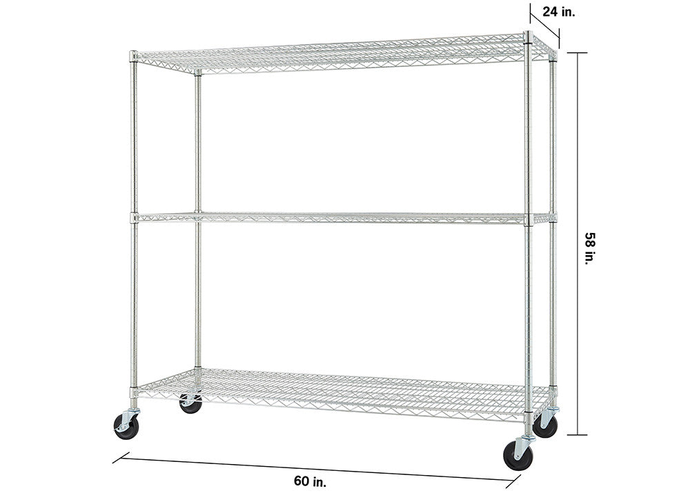 A product image shows a three-tier wire shelving unit with wheels, featuring adjustable shelves and labeled dimensions. The unit is silver and appears to be made of metal, with a simple and functional design.