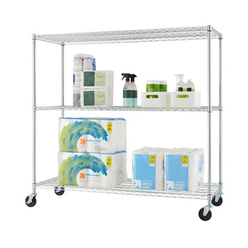 A three-tier wire shelving unit with wheels, filled with various household items like paper towels and cleaning supplies, is shown against a white background. The shelving unit is made of silver metal and has a minimalist design.