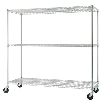 A three-tier wire shelving unit with a chrome finish and casters on the bottom. The shelves are adjustable, and the unit is designed for storage and organization in a commercial or home setting.