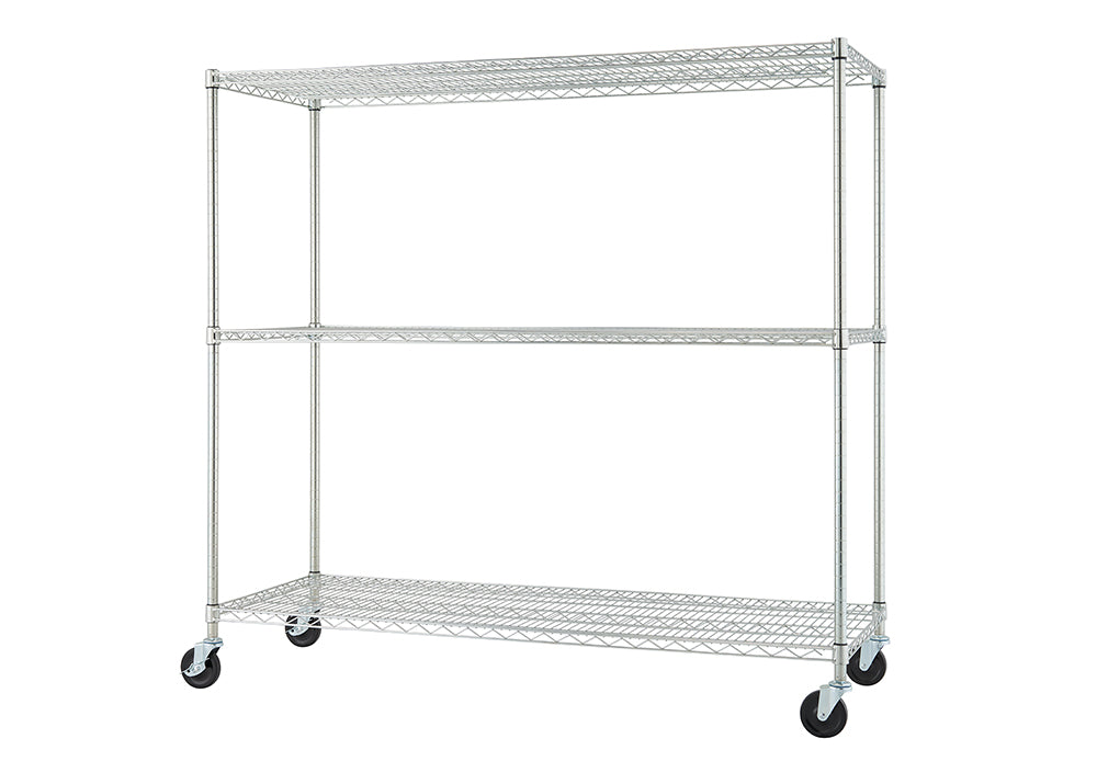 A three-tier wire shelving unit with a chrome finish and casters on the bottom. The shelves are adjustable, and the unit is designed for storage and organization in a commercial or home setting.