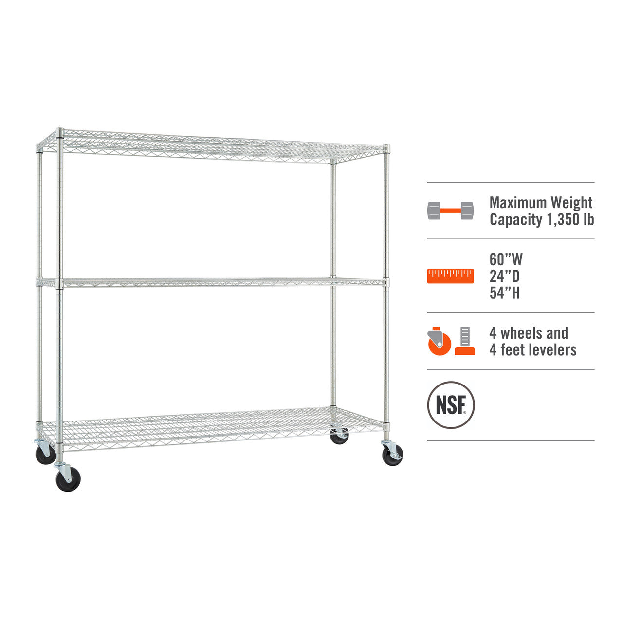 A chrome wire shelving unit with three tiers and wheels is shown against a white background. To the right are icons indicating its maximum weight capacity of 1,350 lbs, dimensions of 60"W x 24"D x 54"H, and that it includes both wheels and leveling feet, along with an NSF certification logo.