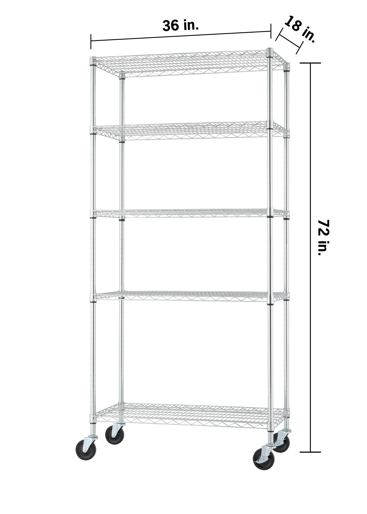 A five-tier chrome wire shelving unit on wheels, with dimensions labeled as 36 inches wide by 18 inches deep. The total height of the unit is indicated as 72 inches.