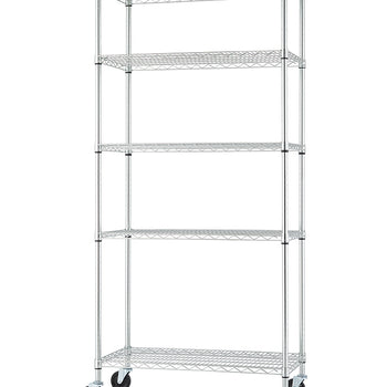 A tall, chrome wire shelving unit with five shelves is shown. It has four black swivel caster wheels at the bottom for mobility.