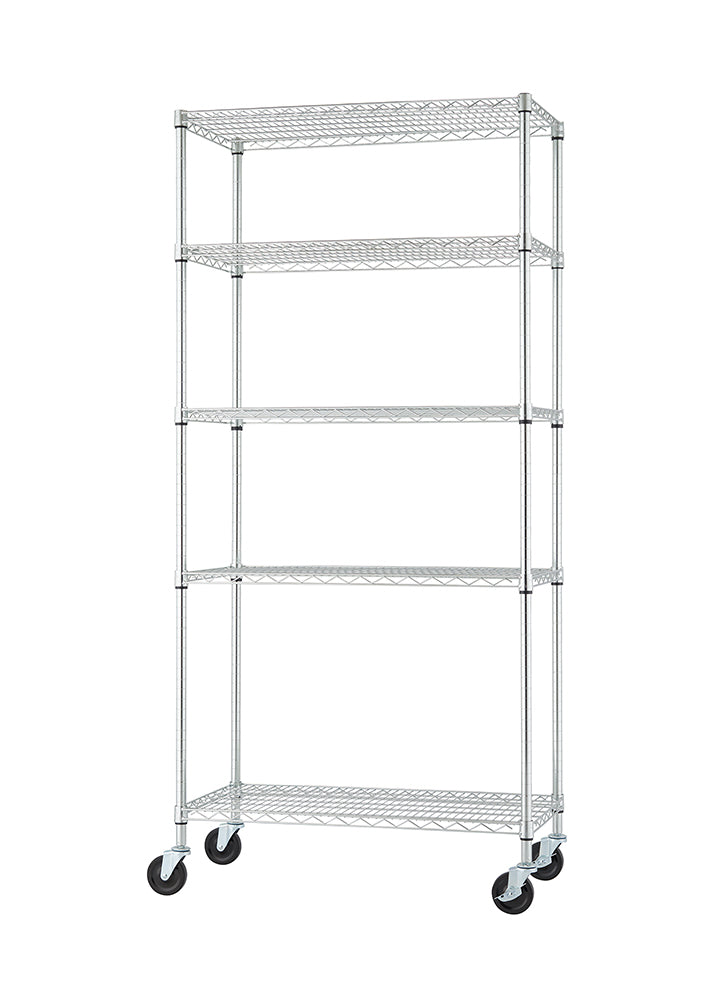 A tall, chrome wire shelving unit with five shelves is shown. It has four black swivel caster wheels at the bottom for mobility.