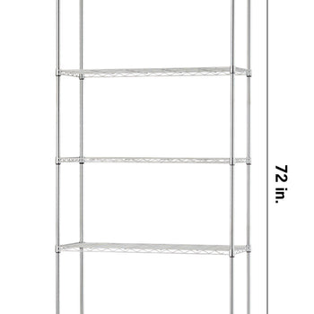 A five-shelf chrome wire shelving unit is shown against a white background. Measurement lines and text overlay indicate the unit stands 72 inches tall, 36 inches wide, and 14 inches deep.