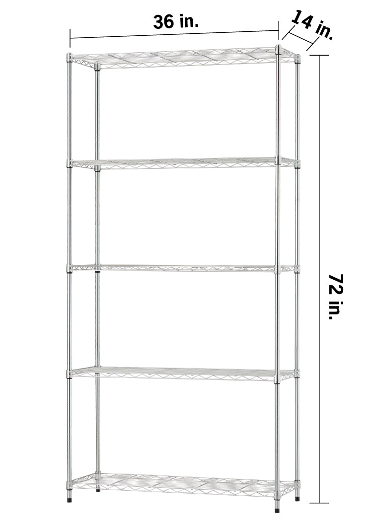 A five-shelf chrome wire shelving unit is shown against a white background. Measurement lines and text overlay indicate the unit stands 72 inches tall, 36 inches wide, and 14 inches deep.
