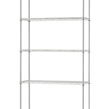 A five-tier chrome wire shelving unit is shown empty against a plain white background. The unit features four vertical support poles and five adjustable wire grid shelves with a polished, reflective finish.