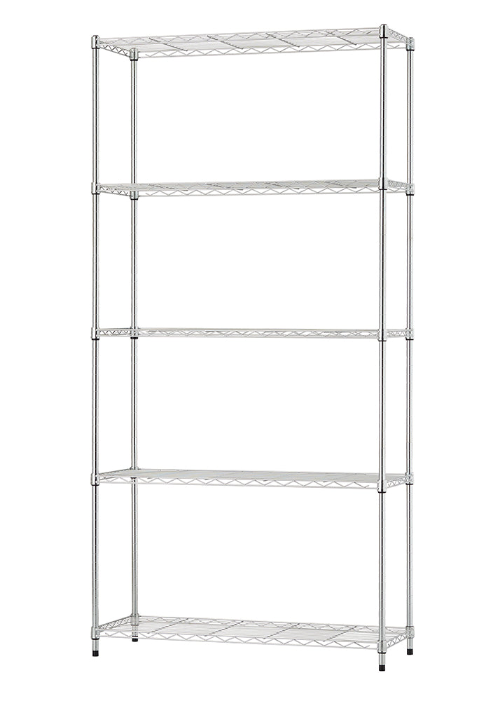 A five-tier chrome wire shelving unit is shown empty against a plain white background. The unit features four vertical support poles and five adjustable wire grid shelves with a polished, reflective finish.