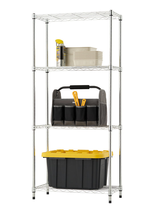A four-tier chrome wire shelving unit holds various garage and utility items against a plain white background. The shelves are stocked with a yellow-capped spray can and plastic bins on the top, a gray tool bag in the middle, and a large black storage tote with a yellow lid on the bottom.