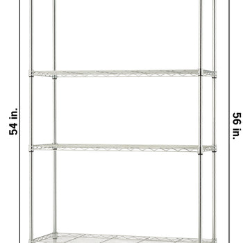 A four-shelf chrome wire shelving unit on wheels with dimension labels indicating it is 36 inches wide and 14 inches deep. The height is marked as 54 inches for the shelving section and 56 inches total including the 2-inch casters.