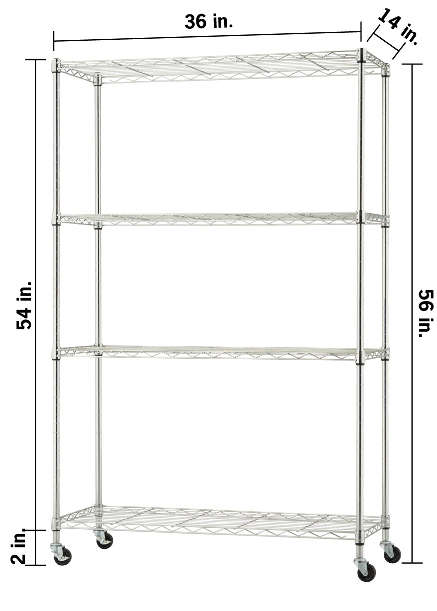 A four-shelf chrome wire shelving unit on wheels with dimension labels indicating it is 36 inches wide and 14 inches deep. The height is marked as 54 inches for the shelving section and 56 inches total including the 2-inch casters.