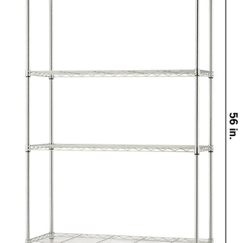 A four-shelf chrome wire shelving unit on wheels with dimension labels indicating it has 56 inches in height, 36 inches wide and 14 inches deep.