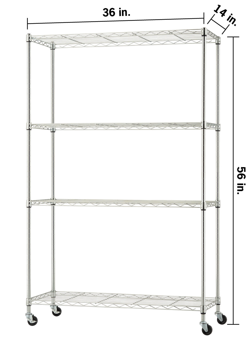 A four-shelf chrome wire shelving unit on wheels with dimension labels indicating it has 56 inches in height, 36 inches wide and 14 inches deep.