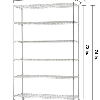 A 6-tier chrome wire shelving unit on caster wheels is shown against a plain white background. Dimension markings indicate the unit is 48 inches wide, 18 inches deep, 72 inches high for the shelving body, and 74 inches total height including the wheels.