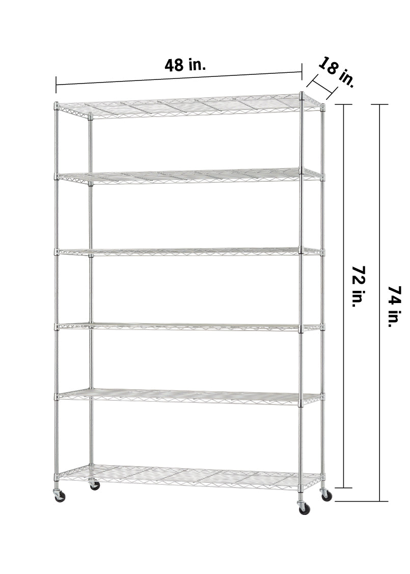 A 6-tier chrome wire shelving unit on caster wheels is shown against a plain white background. Dimension markings indicate the unit is 48 inches wide, 18 inches deep, 72 inches high for the shelving body, and 74 inches total height including the wheels.