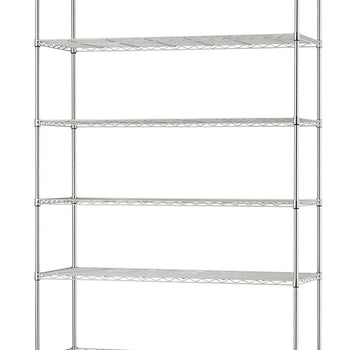 A six-shelf chrome wire rolling rack is shown against a plain white background. Four black casters are visible on the bottom of the structure.
