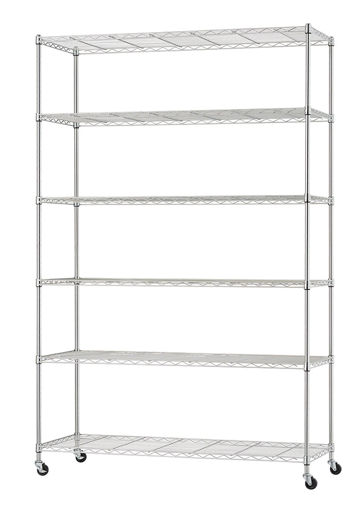 A six-shelf chrome wire rolling rack is shown against a plain white background. Four black casters are visible on the bottom of the structure.