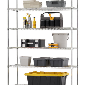 A six-shelf chrome wire rolling rack holds a variety of organized items for storage on its shelves. From top to bottom, these items include nesting trays, a toolbox, cleaning supplies, a utility tote, tool cases, a bucket, stacked small organizers, small bins, larger lidded storage totes, and a very large yellow and black lidded storage trunk.