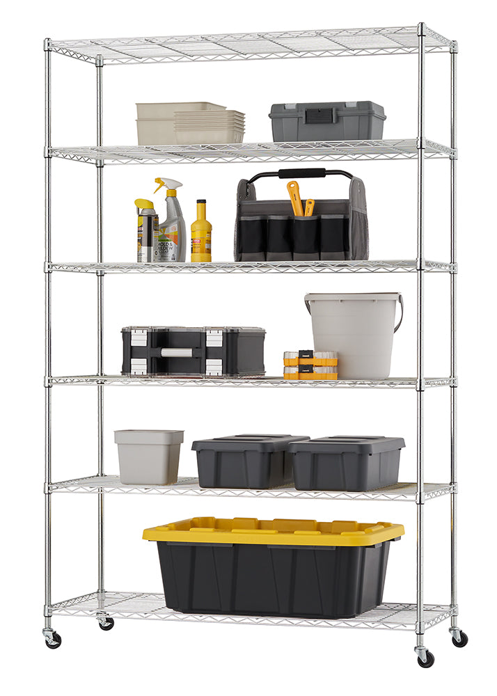 A six-shelf chrome wire rolling rack holds a variety of organized items for storage on its shelves. From top to bottom, these items include nesting trays, a toolbox, cleaning supplies, a utility tote, tool cases, a bucket, stacked small organizers, small bins, larger lidded storage totes, and a very large yellow and black lidded storage trunk.