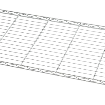A close-up photograph displays a portion of a chrome wire shelf, featuring a series of thin parallel wires supported by a zigzagging metal frame along the edge. The chrome wire shelf is shown against a plain white background.