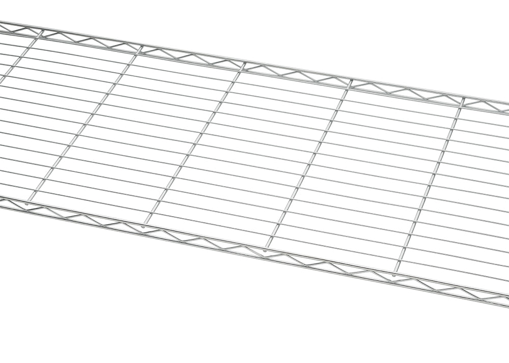 A close-up photograph displays a portion of a chrome wire shelf, featuring a series of thin parallel wires supported by a zigzagging metal frame along the edge. The chrome wire shelf is shown against a plain white background.
