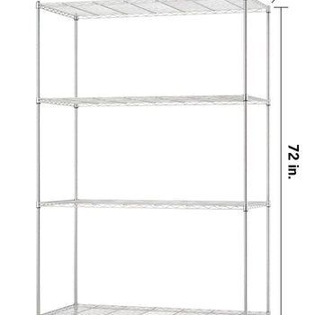 A 4-tier chrome wire shelving unit rests on stationary leveling feet against a white background. Dimension overlay lines indicate the unit measures 48 inches wide, 24 inches deep, and 72 inches tall.