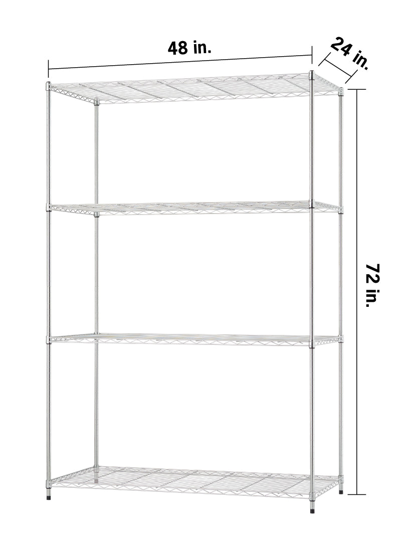 A 4-tier chrome wire shelving unit rests on stationary leveling feet against a white background. Dimension overlay lines indicate the unit measures 48 inches wide, 24 inches deep, and 72 inches tall.