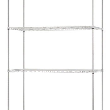 An empty four-shelf chrome wire rack is displayed against a plain white background. The unit features four vertical posts with small black leveling feet at the base.