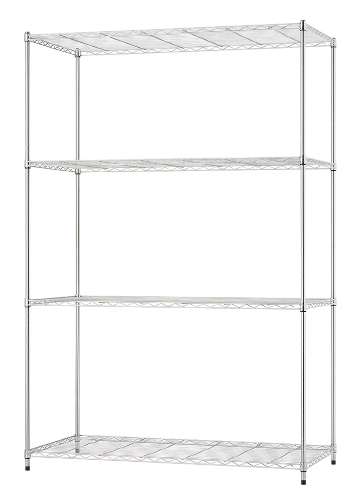 An empty four-shelf chrome wire rack is displayed against a plain white background. The unit features four vertical posts with small black leveling feet at the base.