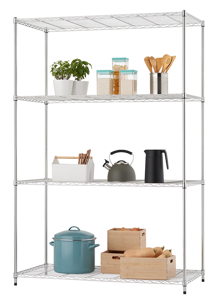A four-shelf chrome wire rack holds a variety of kitchen items including potted herbs, dry goods in canisters, utensils, a tea kettle, and a large blue stockpot. The bottom shelves feature wooden storage crates filled with produce like onions and squash, all organized against a white background.
