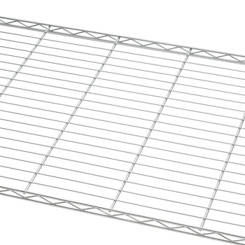 A close-up photograph displays a portion of a chrome wire shelf, featuring a series of thin parallel wires supported by a zigzagging metal frame along the edge. The chrome wire shelf is shown against a plain white background.
